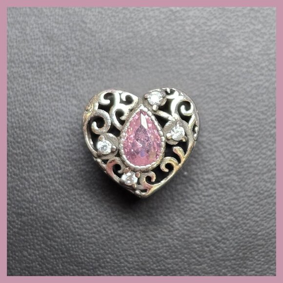 Sterling Silver Heart Charm With Pink Teardrop CZ‎ and Filigree Design (NWOT) - Picture 1 of 5